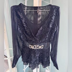 Vintage Black Lace Sheer Silk Sleeve Top Y2K Elegant Goth Coquette